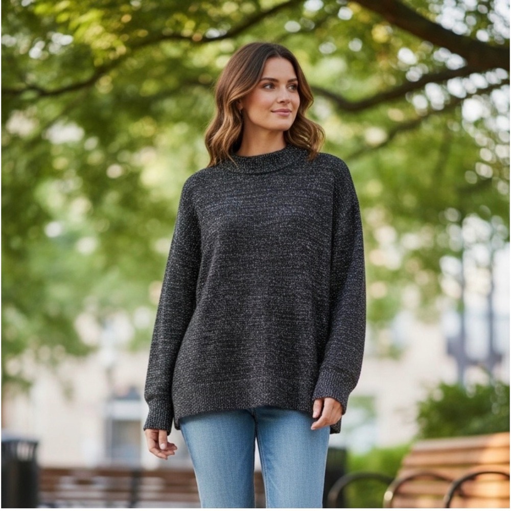 Other Stories Sparkle Knit Mock Neck Sweater Black Metallic Thread Women's Small